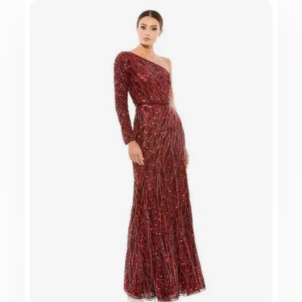 Mac Duggal Gown Embelished Sequined Belt One Shoulder Burgundy
